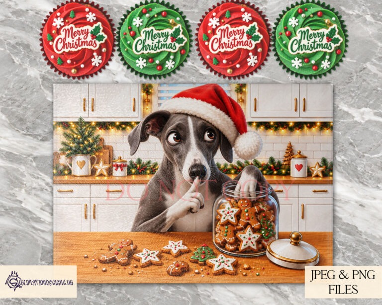 Christmas Cookie Thief dog artwork shown on a chopping board mockup